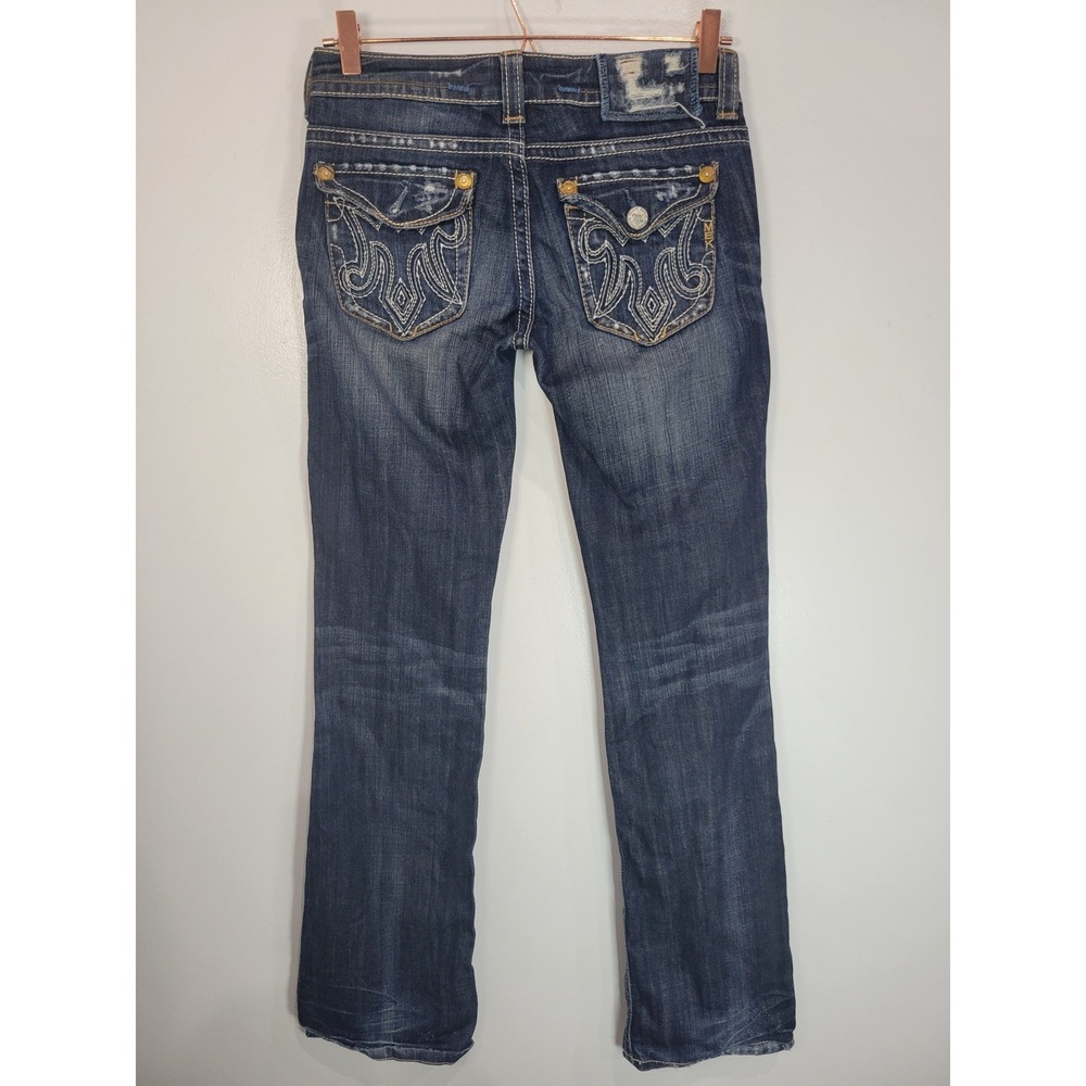 MEK‎ Denim Oaxaca Women 26/34 Dark Wash Distressed Embroidered Bootcut Jeans - Picture 3 of 8